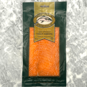 1 pack of Frozen Smoked Rainbow Trout Ribbons (Oak Smoked), Avg 80g