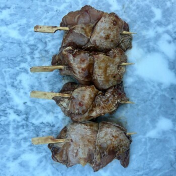 1 pack of Frozen Free Range Chicken Thigh Kebabs (BBQ Marinated), Avg 530g