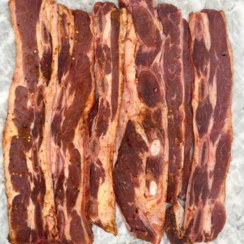 1 pack of Frozen Free Range Beef Rashers Spiced, Avg 500g